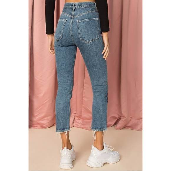 Agolde Riley Jeans 25 Denim Blue High Crop Straight Raw Hem Button Fly Classic - Picture 3 of 12